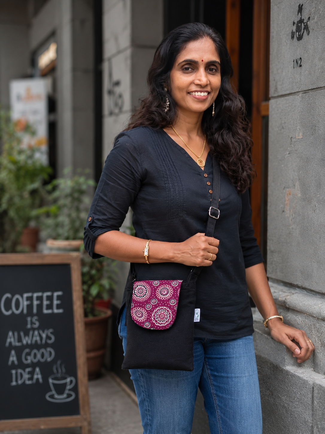 Black-Ajrak Mobile Sling bag