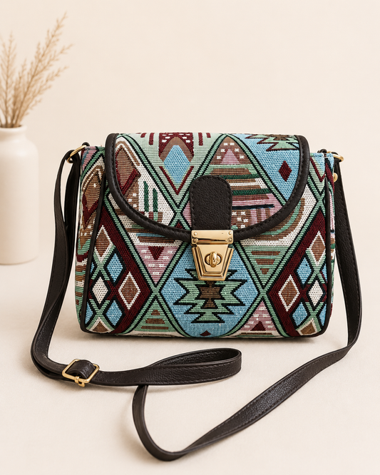 Boho Geometric Jacquard Turn Button Sling Bag