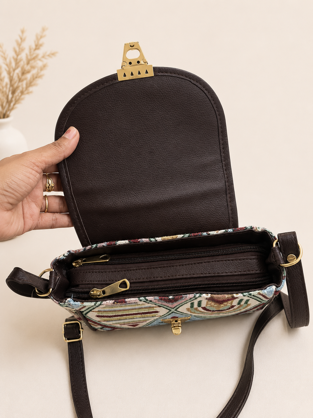 Boho Geometric Jacquard Turn Button Sling Bag