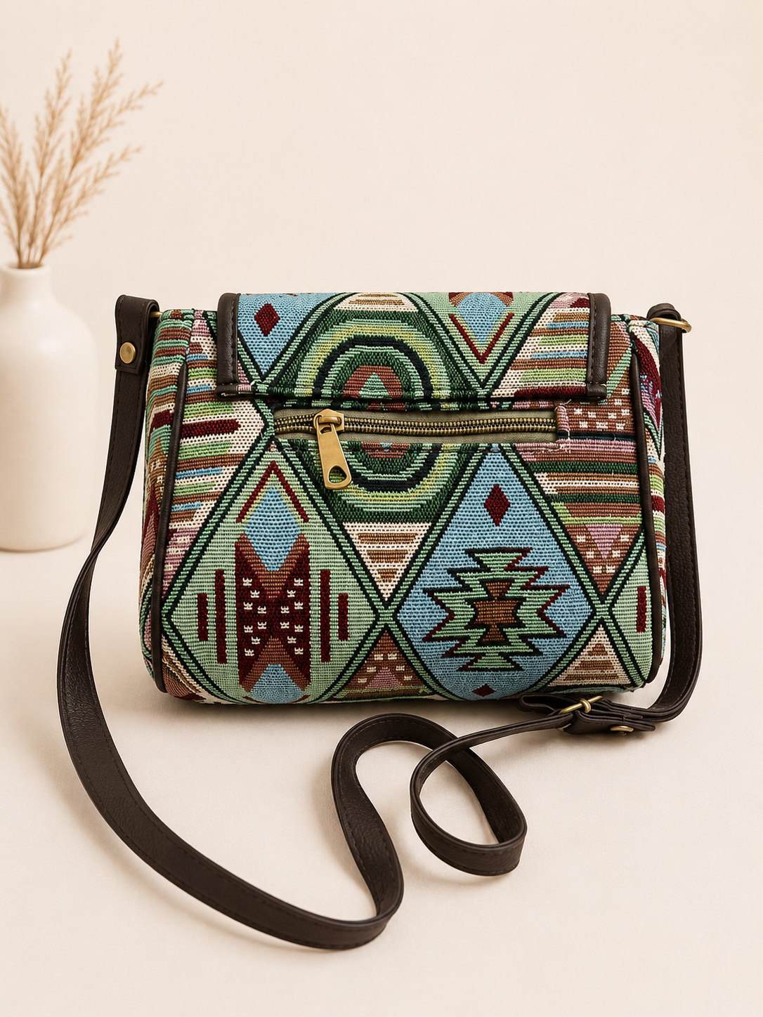 Boho Geometric Jacquard Turn Button Sling Bag