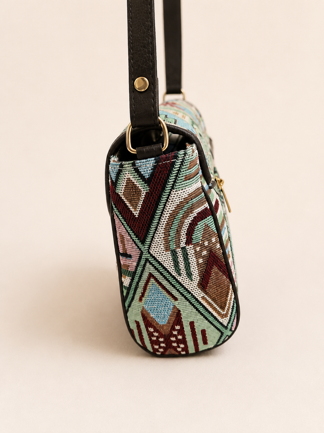 Boho Geometric Jacquard Turn Button Sling Bag