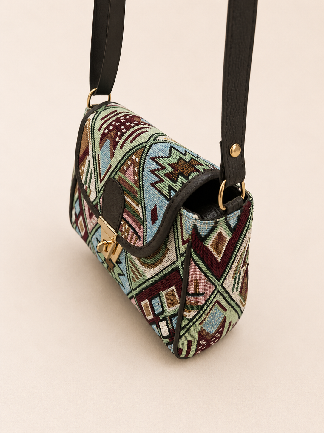 Boho Geometric Jacquard Turn Button Sling Bag