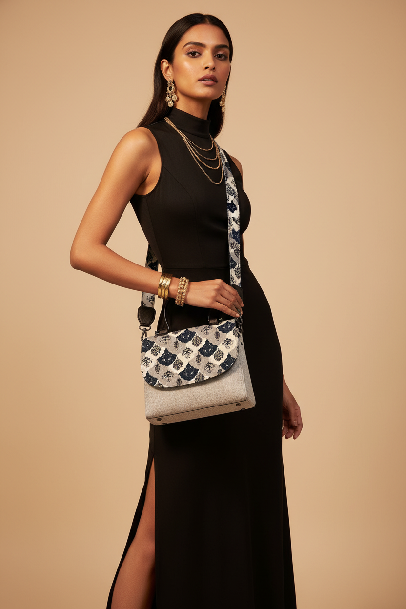 Grey & Black Printed Sling Bag with Metal Top Handle | Elegant Convertible Crossbody Bag