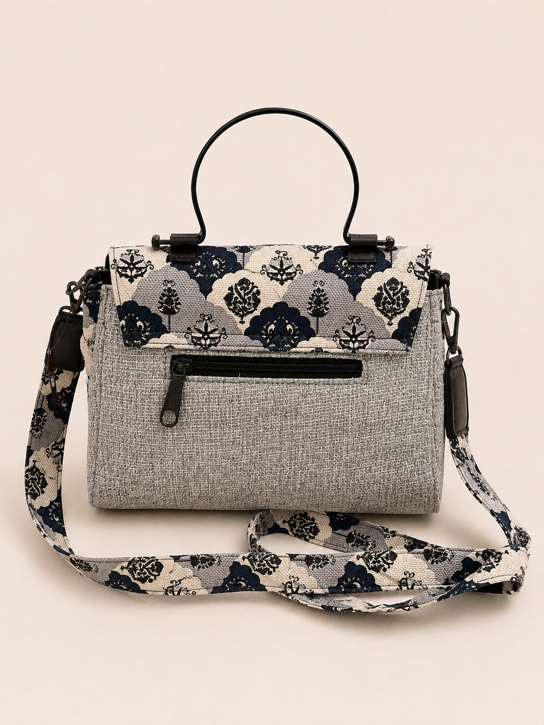 Grey & Black Printed Sling Bag with Metal Top Handle | Elegant Convertible Crossbody Bag