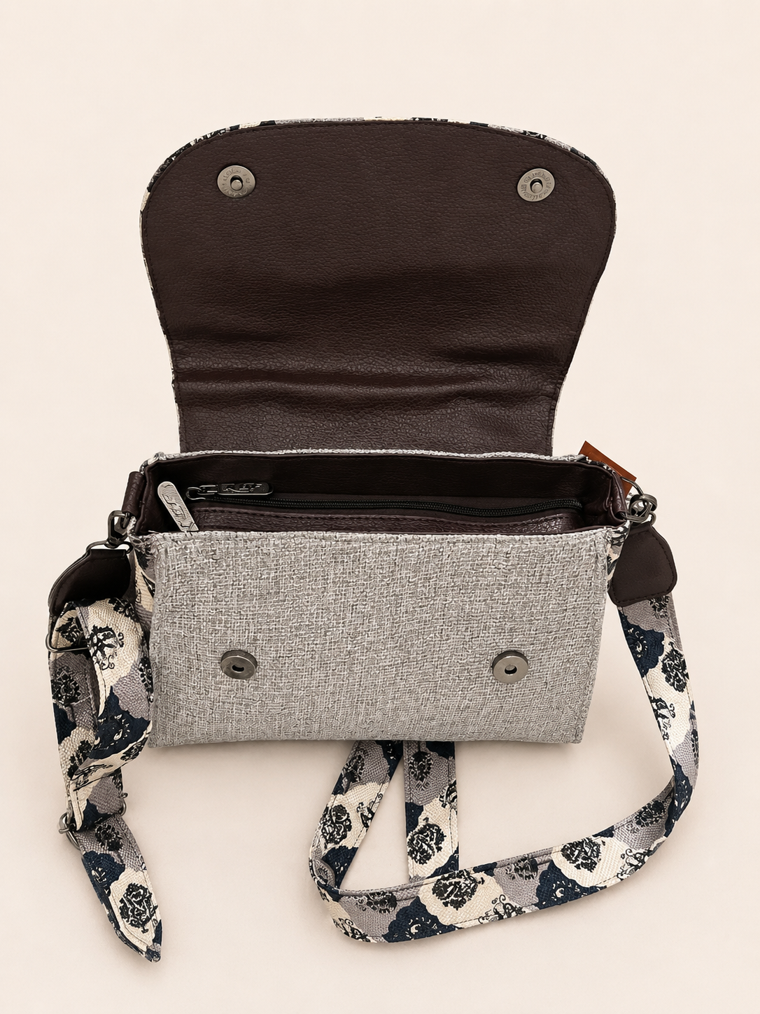 Grey & Black Printed Sling Bag with Metal Top Handle | Elegant Convertible Crossbody Bag