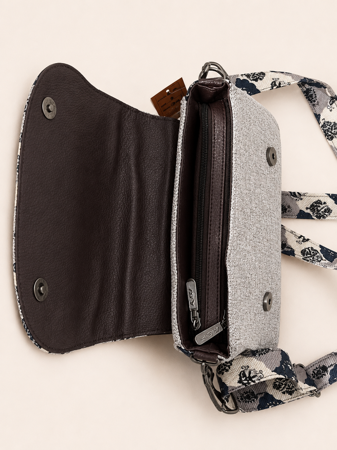 Grey & Black Printed Sling Bag with Metal Top Handle | Elegant Convertible Crossbody Bag