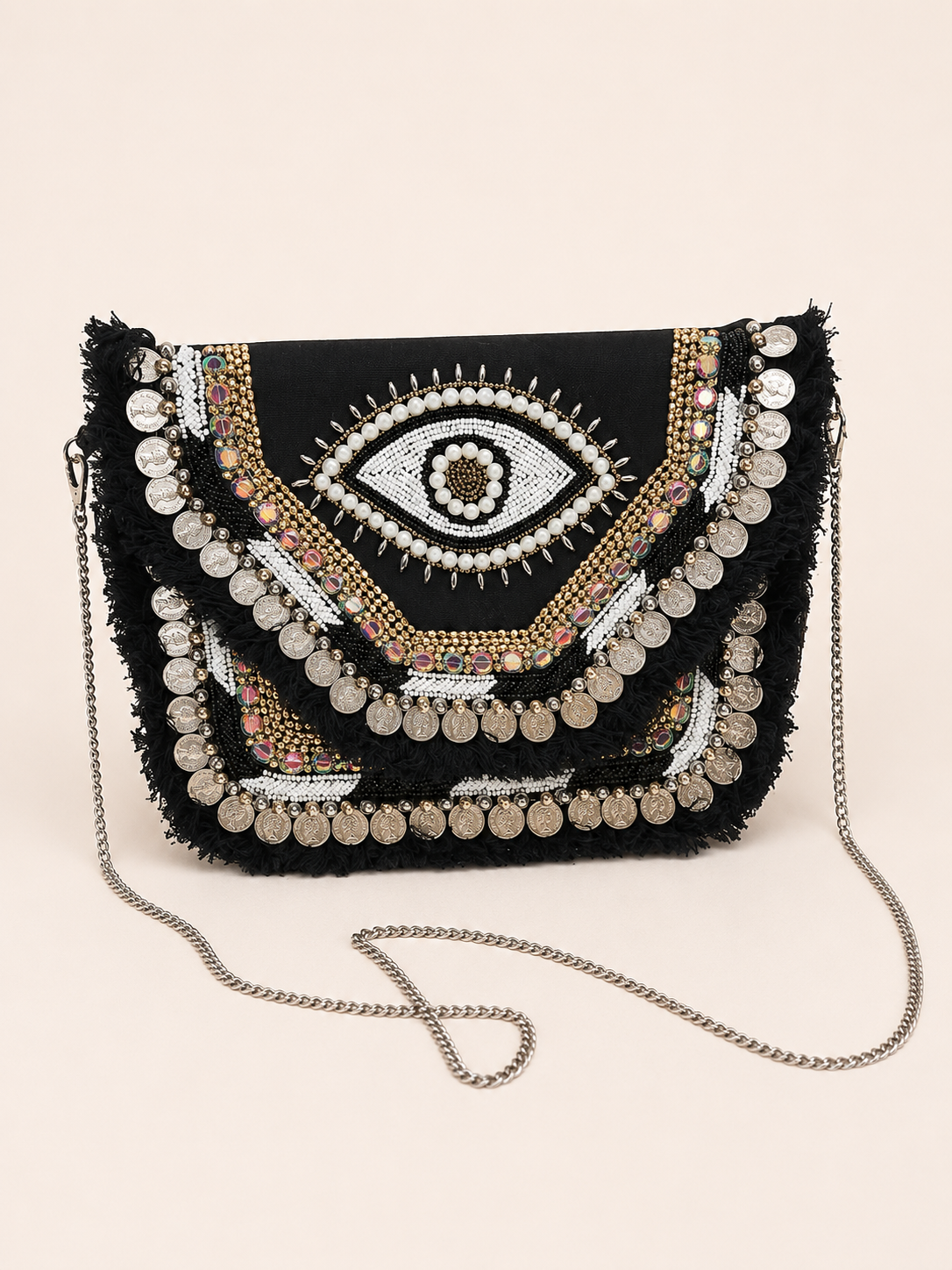 Black Evil Eye Boho Metal Sling Bag for Women | Handcrafted Coin Embellished Crossbody Clutch