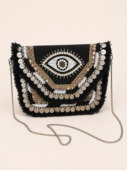 Black Evil Eye Boho Metal Sling Bag for Women | Handcrafted Coin Embellished Crossbody Clutch