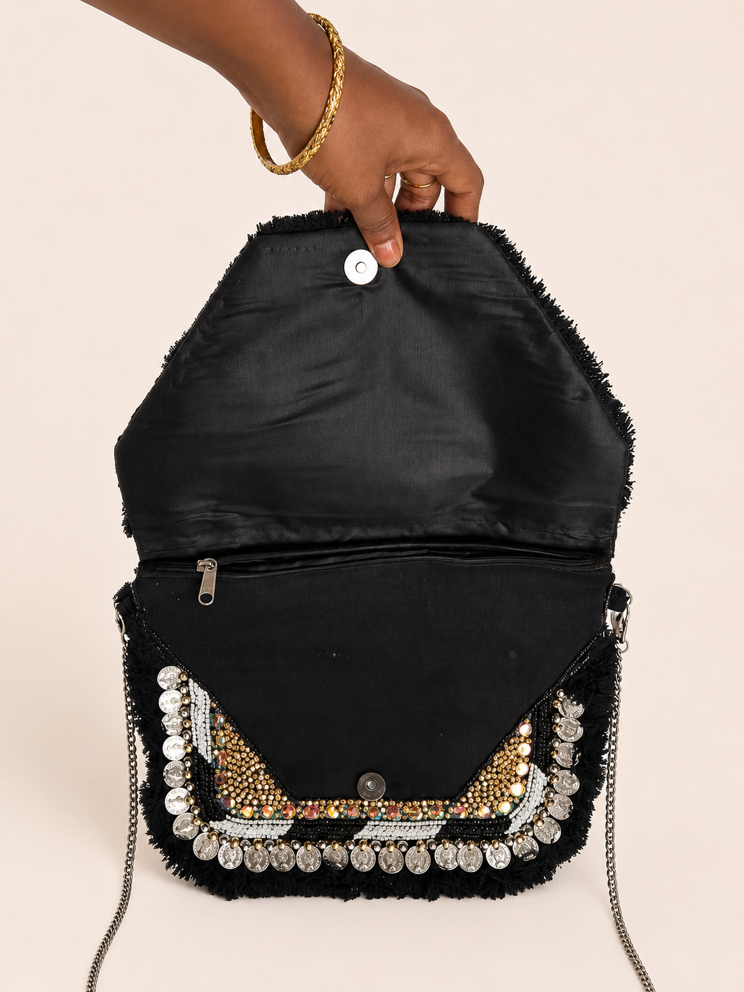 Black Evil Eye Boho Metal Sling Bag for Women | Handcrafted Coin Embellished Crossbody Clutch