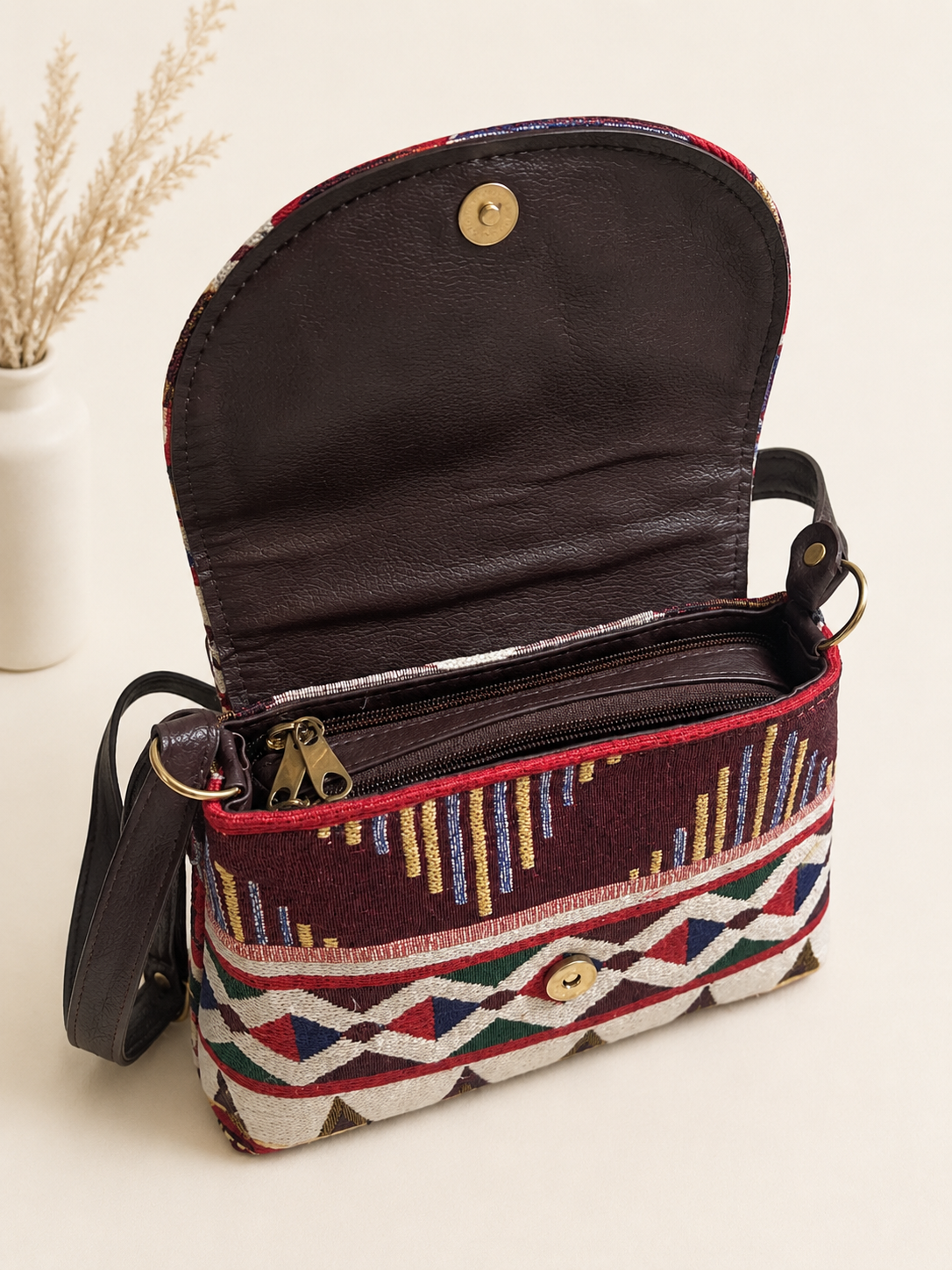 Jacquard Brown Weave Multi-Compartment Sling Bag