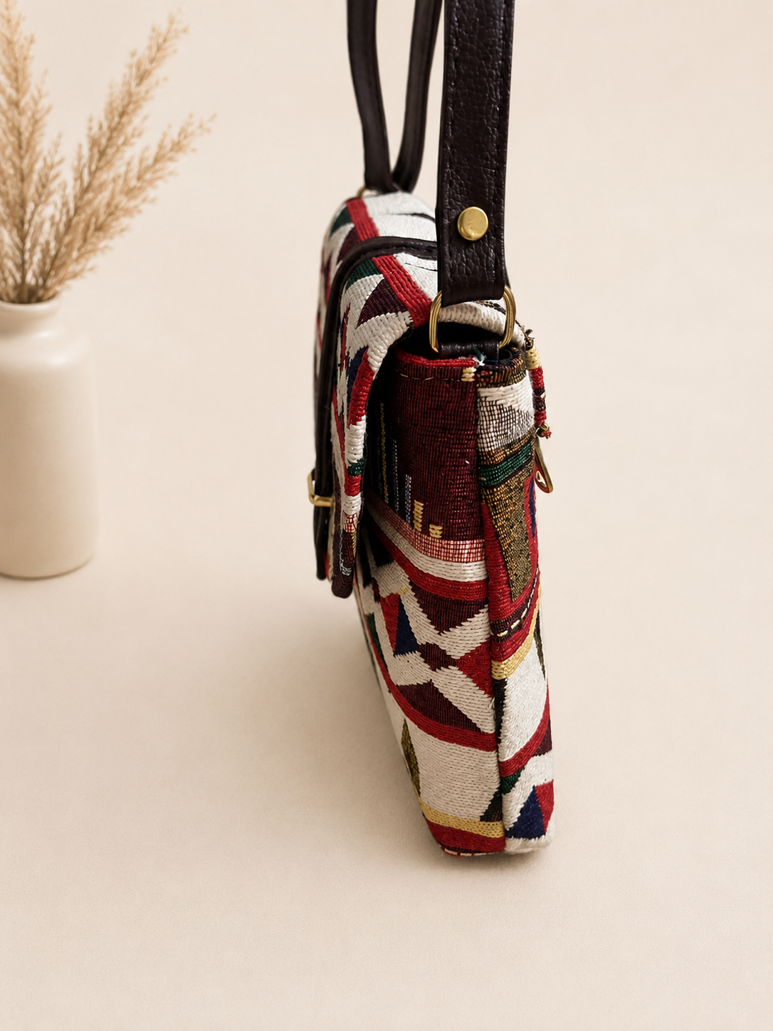 Jacquard Brown Weave Multi-Compartment Sling Bag