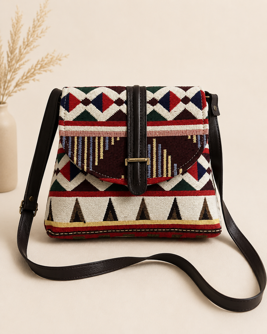 Jacquard Brown Weave Multi-Compartment Sling Bag