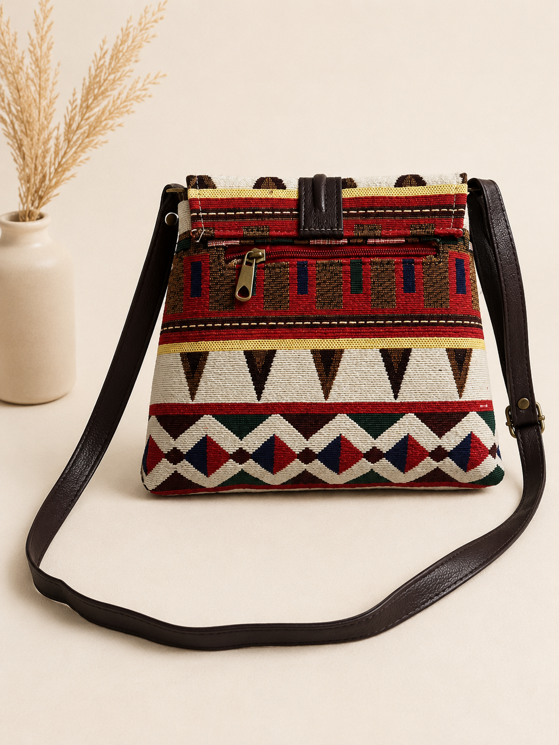 Jacquard Brown Weave Multi-Compartment Sling Bag
