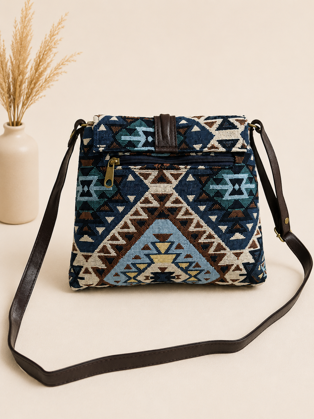 Jacquard Blue Sling – Premium Multi-Compartment Crossbody Bag