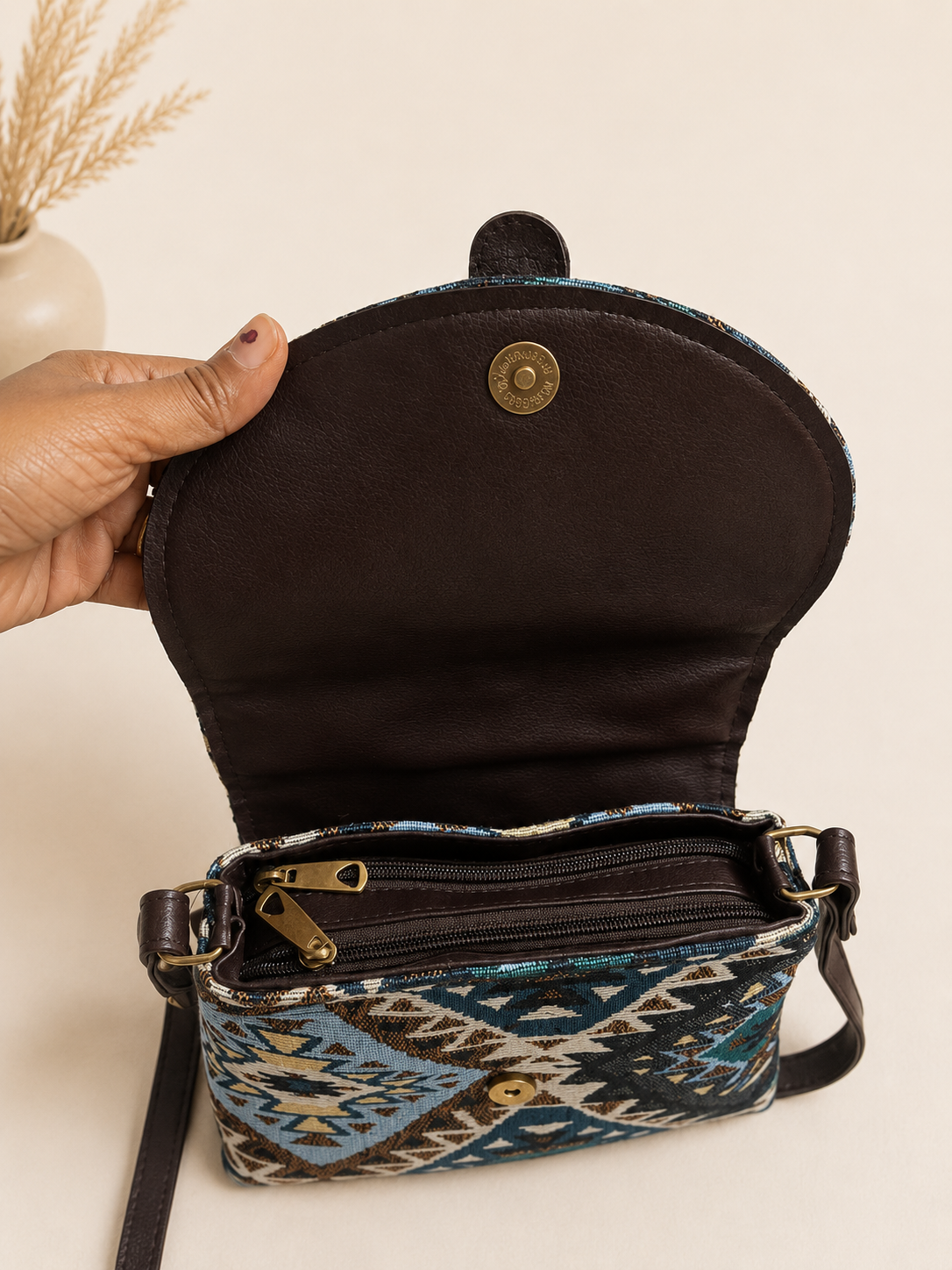 Jacquard Blue Sling – Premium Multi-Compartment Crossbody Bag