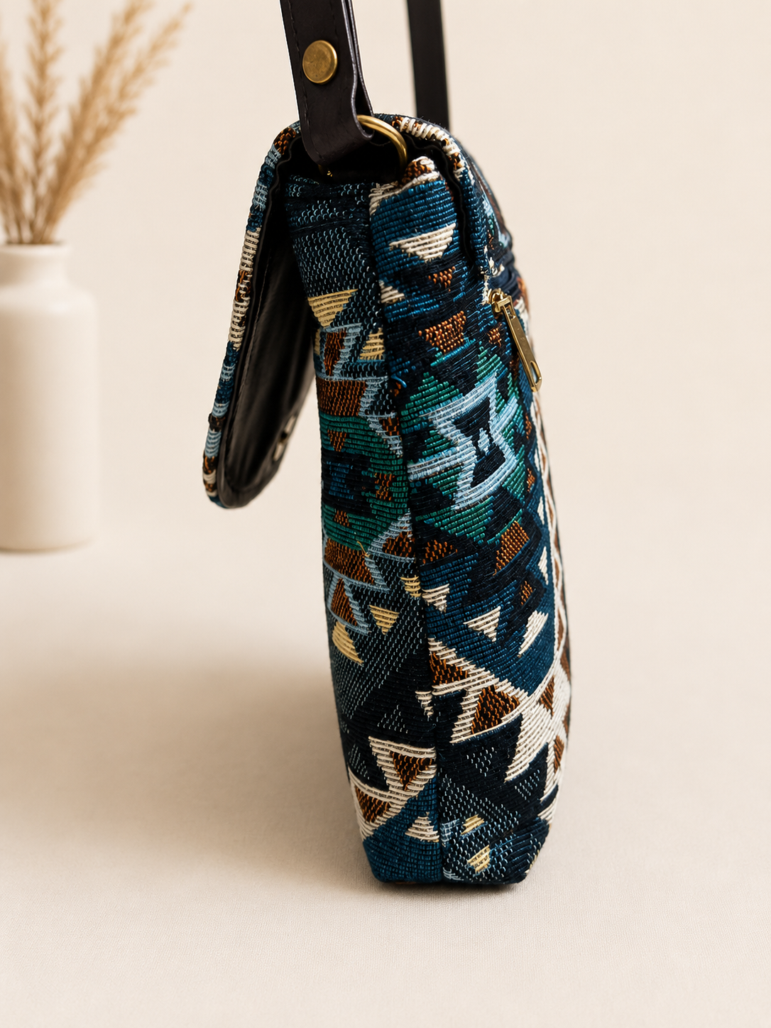 Jacquard Blue Sling – Premium Multi-Compartment Crossbody Bag