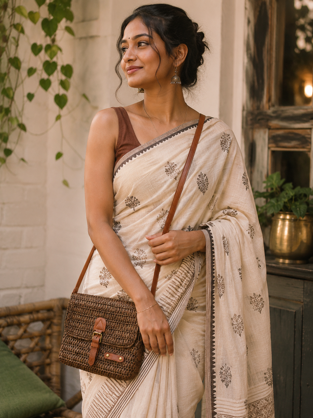 Handwoven Brown Boho Straw Sling Bag