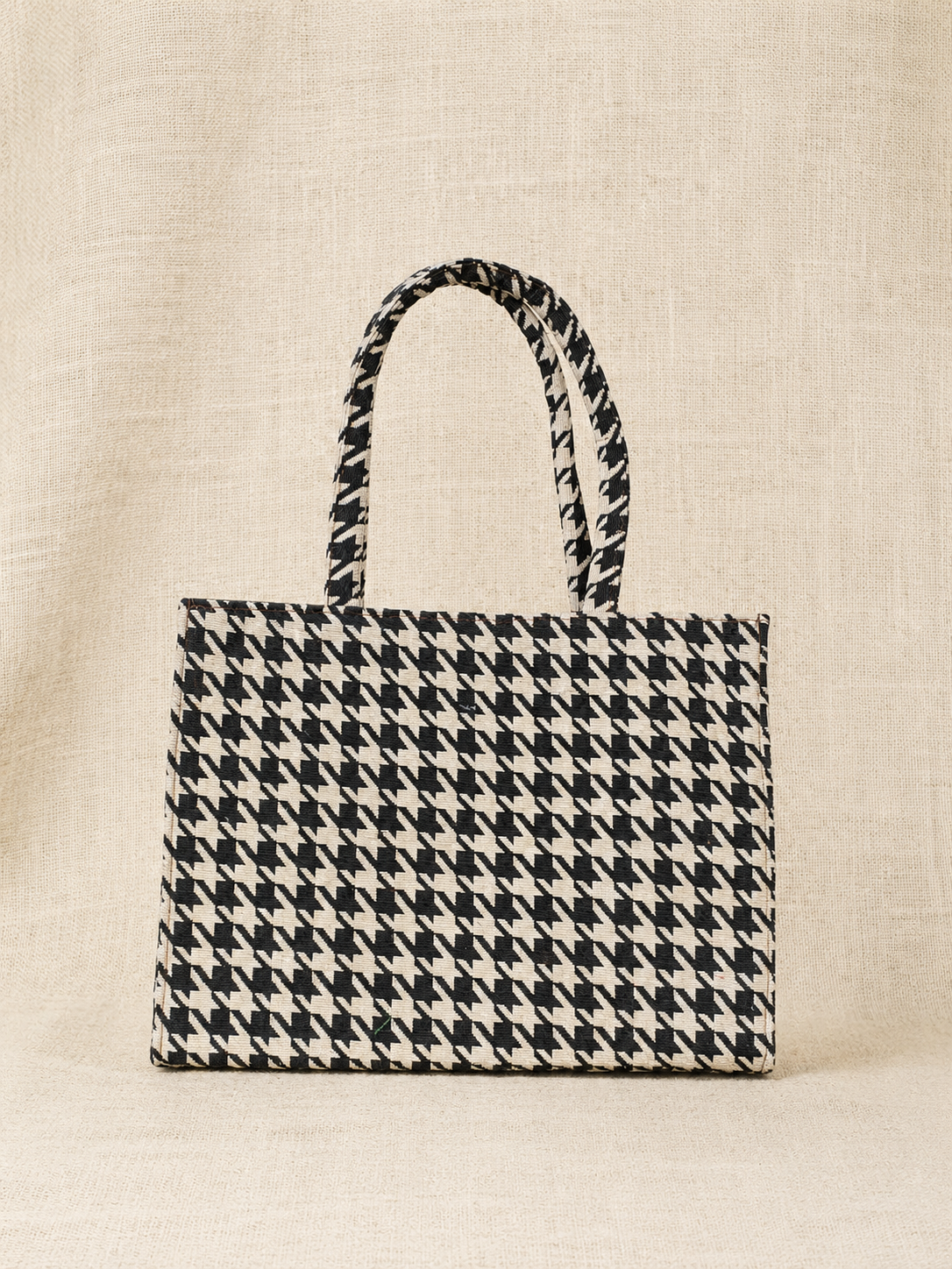 Black & White Houndstooth Jacquard Box Tote Bag – Structured Everyday Office Handbag