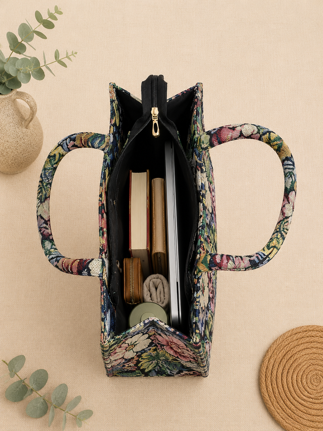 Floral Jacquard Box Tote Bag for Women