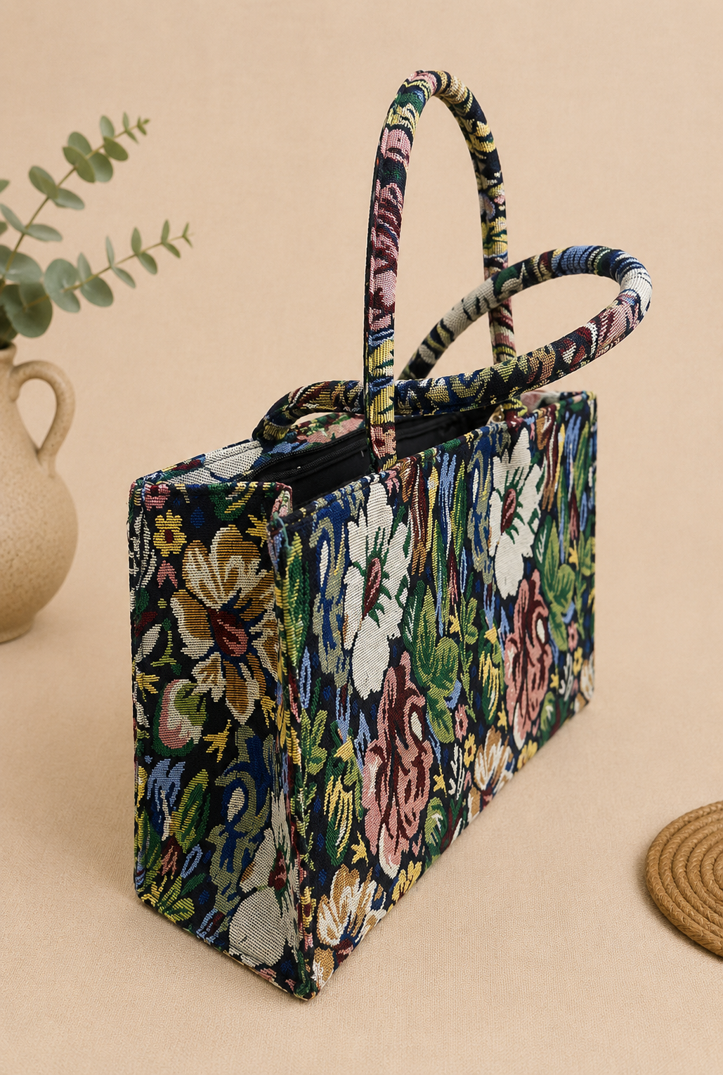 Floral Jacquard Box Tote Bag for Women