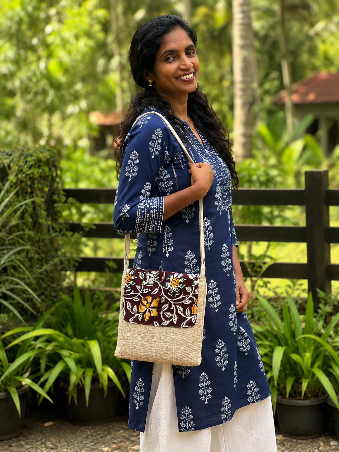 Handcrafted Jute Sling Bag with Printed Flap