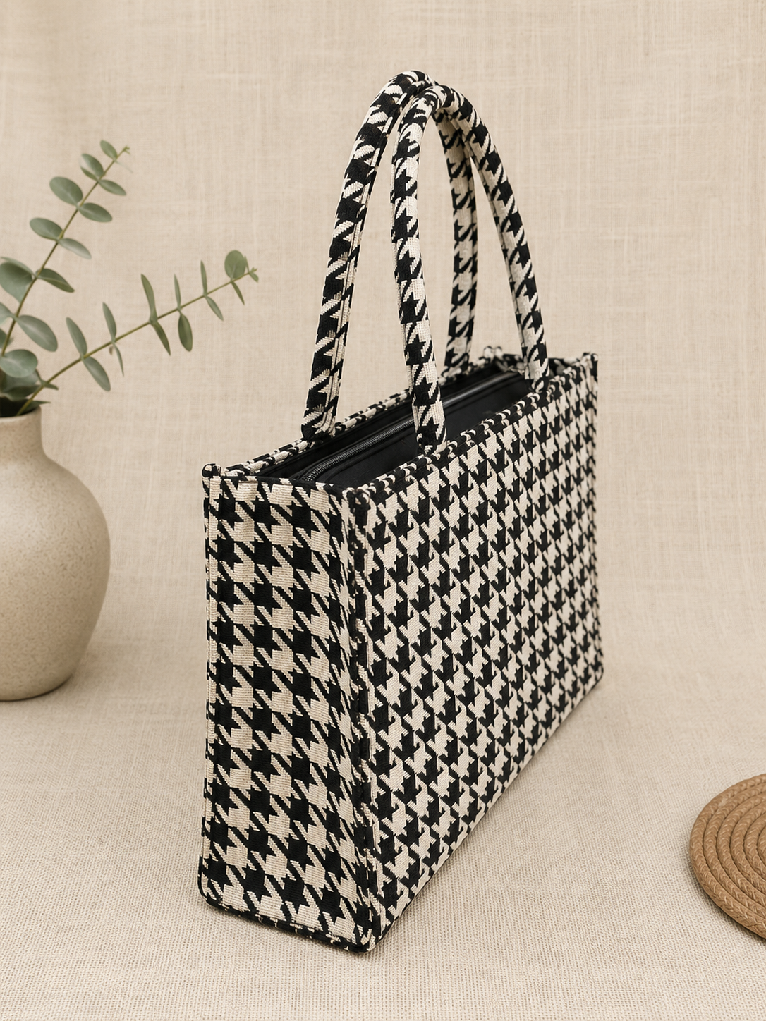 Black & White Houndstooth Jacquard Box Tote Bag – Structured Everyday Office Handbag