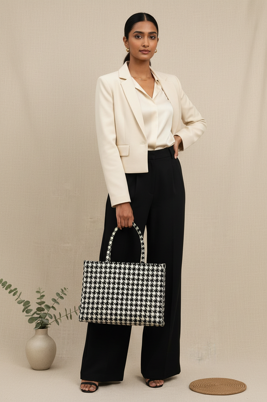 Black & White Houndstooth Jacquard Box Tote Bag – Structured Everyday Office Handbag
