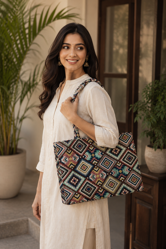 Geometric Jacquard Box Tote Bag