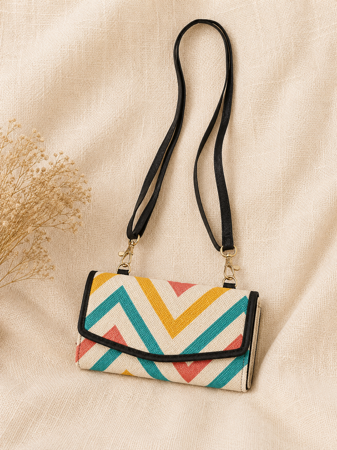 Women's Detachable Mobile Sling Wallet Bag – Canvas Chevron Print Crossbody Phone Purse with Zip Closure & Removable Strap