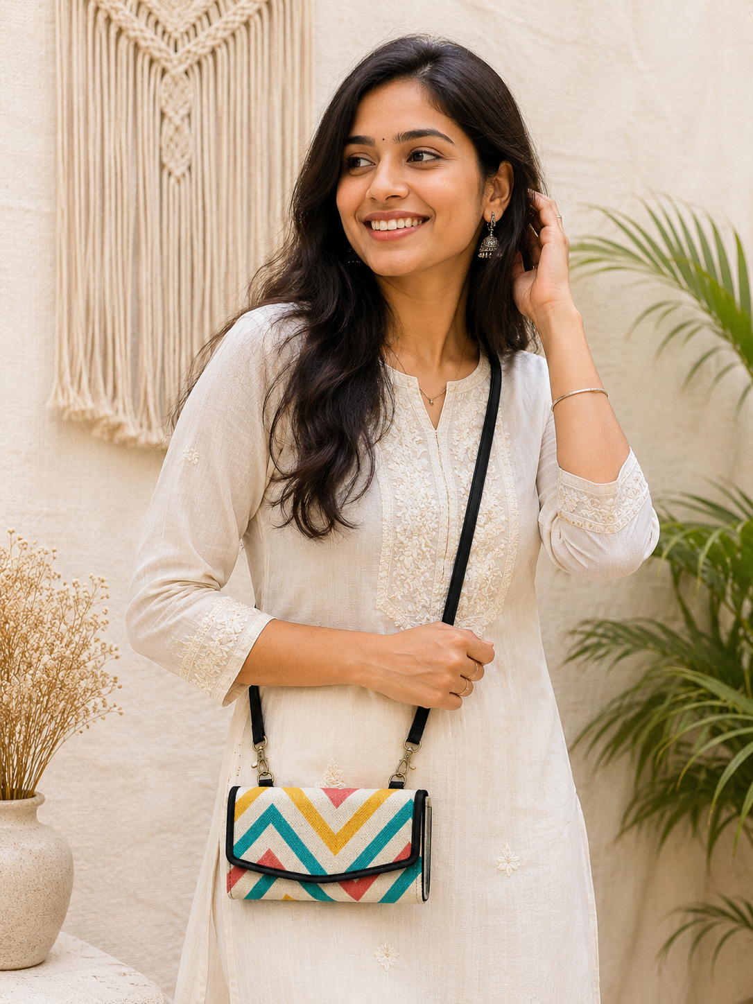 Women's Detachable Mobile Sling Wallet Bag – Canvas Chevron Print Crossbody Phone Purse with Zip Closure & Removable Strap