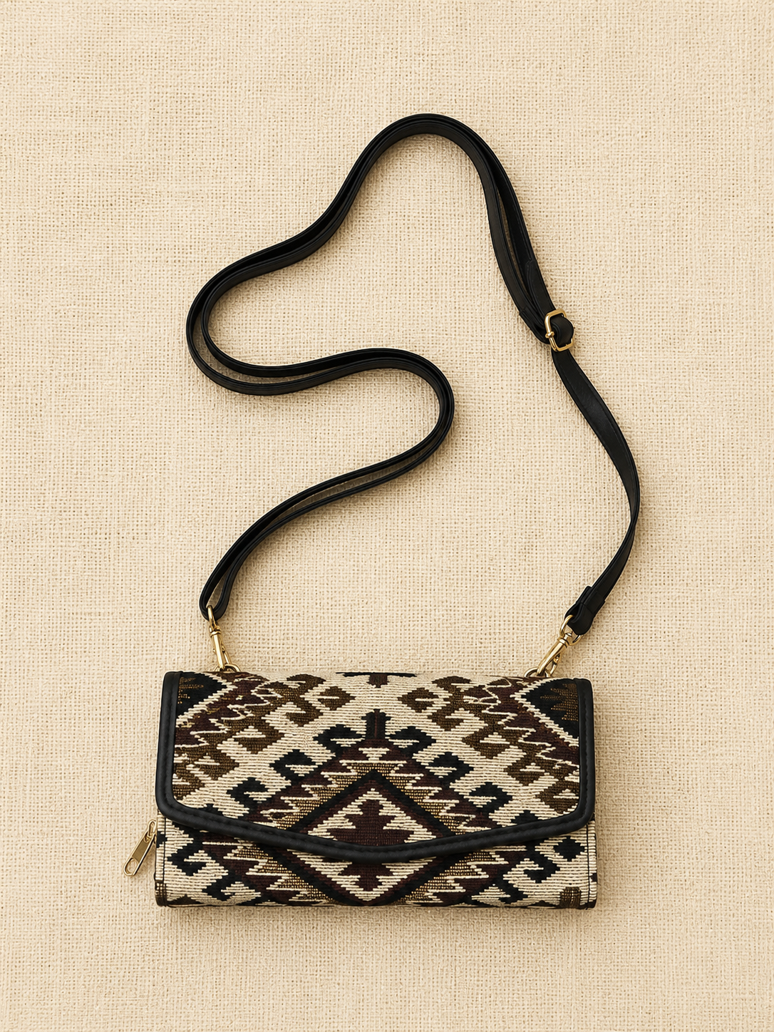 Brown Geometric Jacquard Mobile Sling Wallet