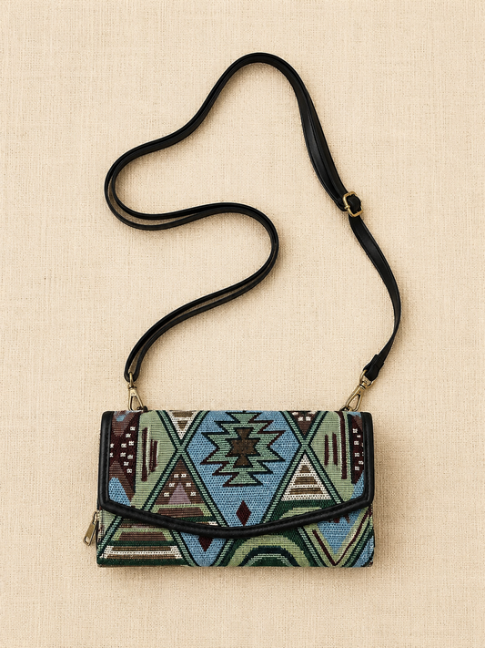 Green  Geometric Jacquard Mobile Sling Wallet