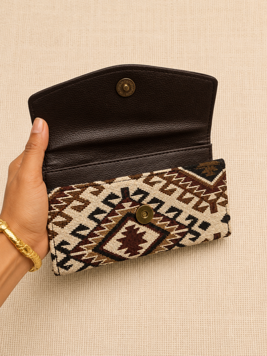 Brown Geometric Jacquard Mobile Sling Wallet