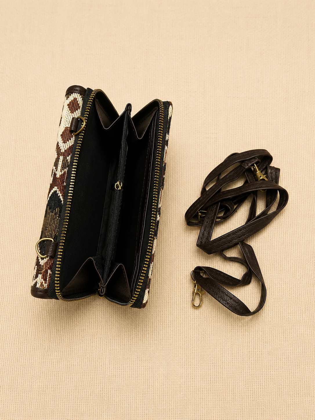 Brown Geometric Jacquard Mobile Sling Wallet