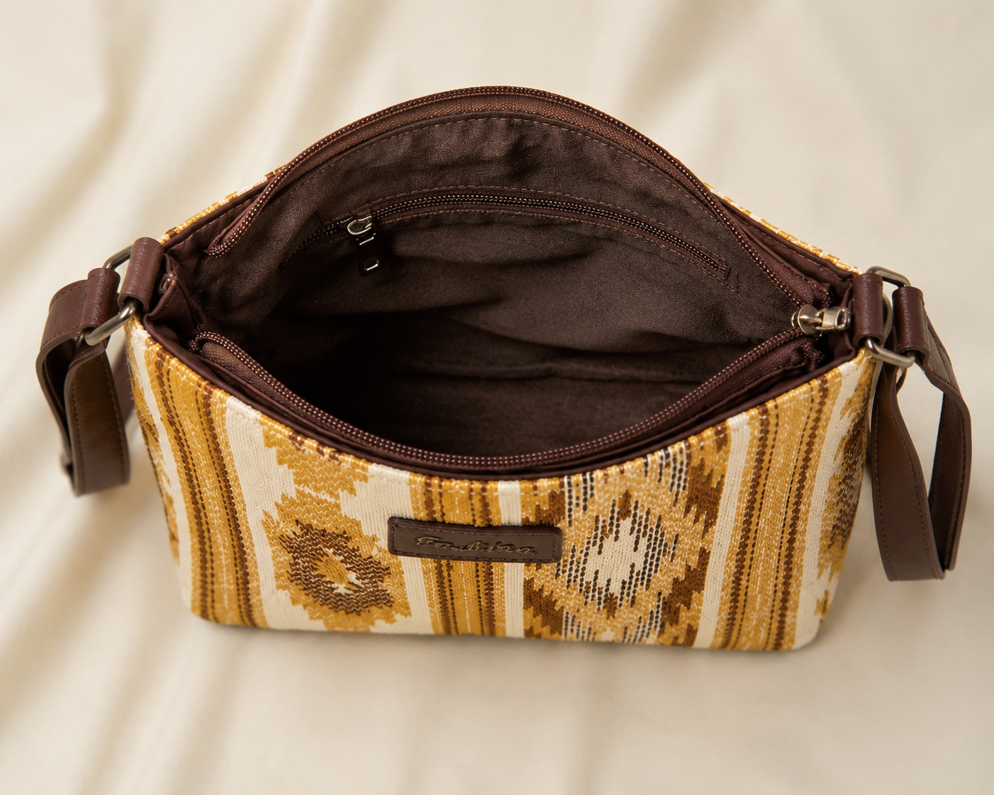 Boho Jacquard Cotton Sling Bag for Women | Self-Woven Ethnic Crossbody Bag with Back Zip Pocket