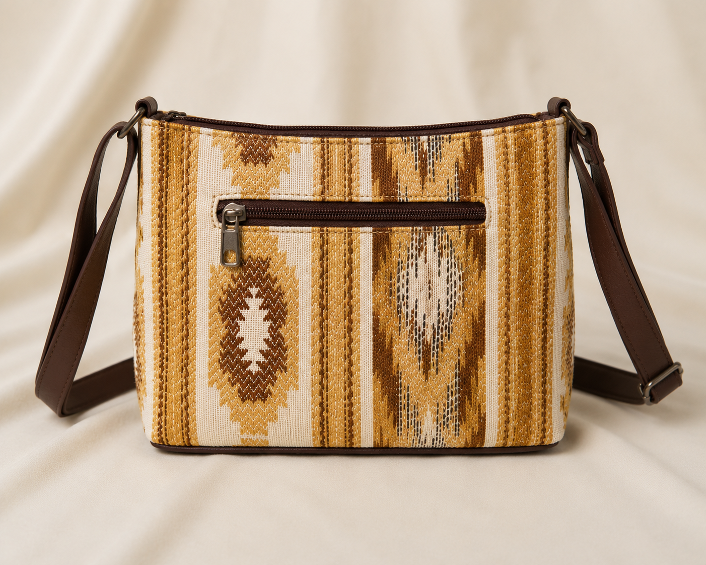 Boho Jacquard Cotton Sling Bag for Women | Self-Woven Ethnic Crossbody Bag with Back Zip Pocket
