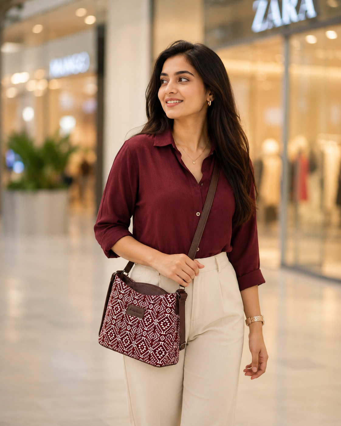 Maroon Geometric Jacquard Cotton Sling Bag