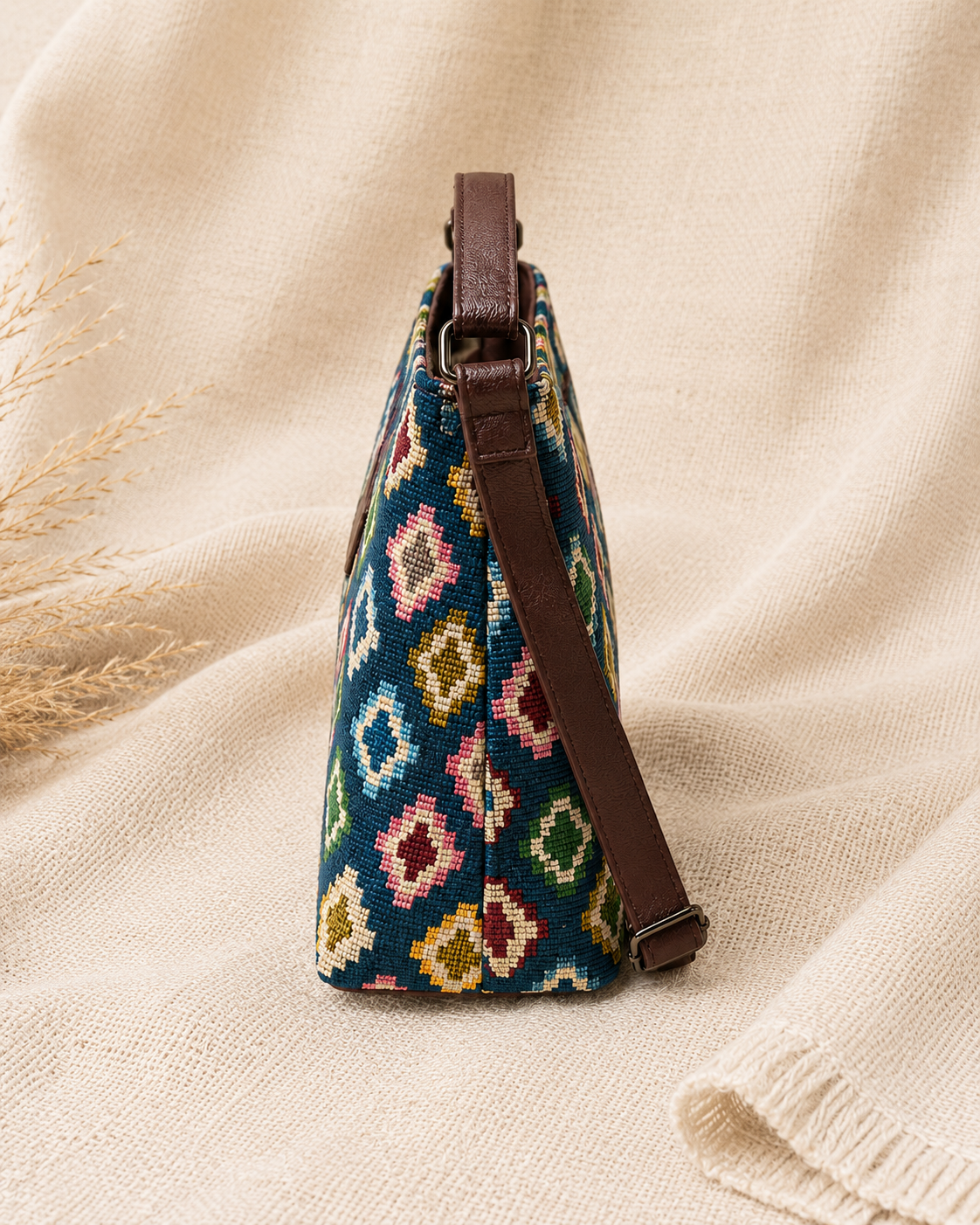 Boho Blue Jacquard Self Woven Sling Bag