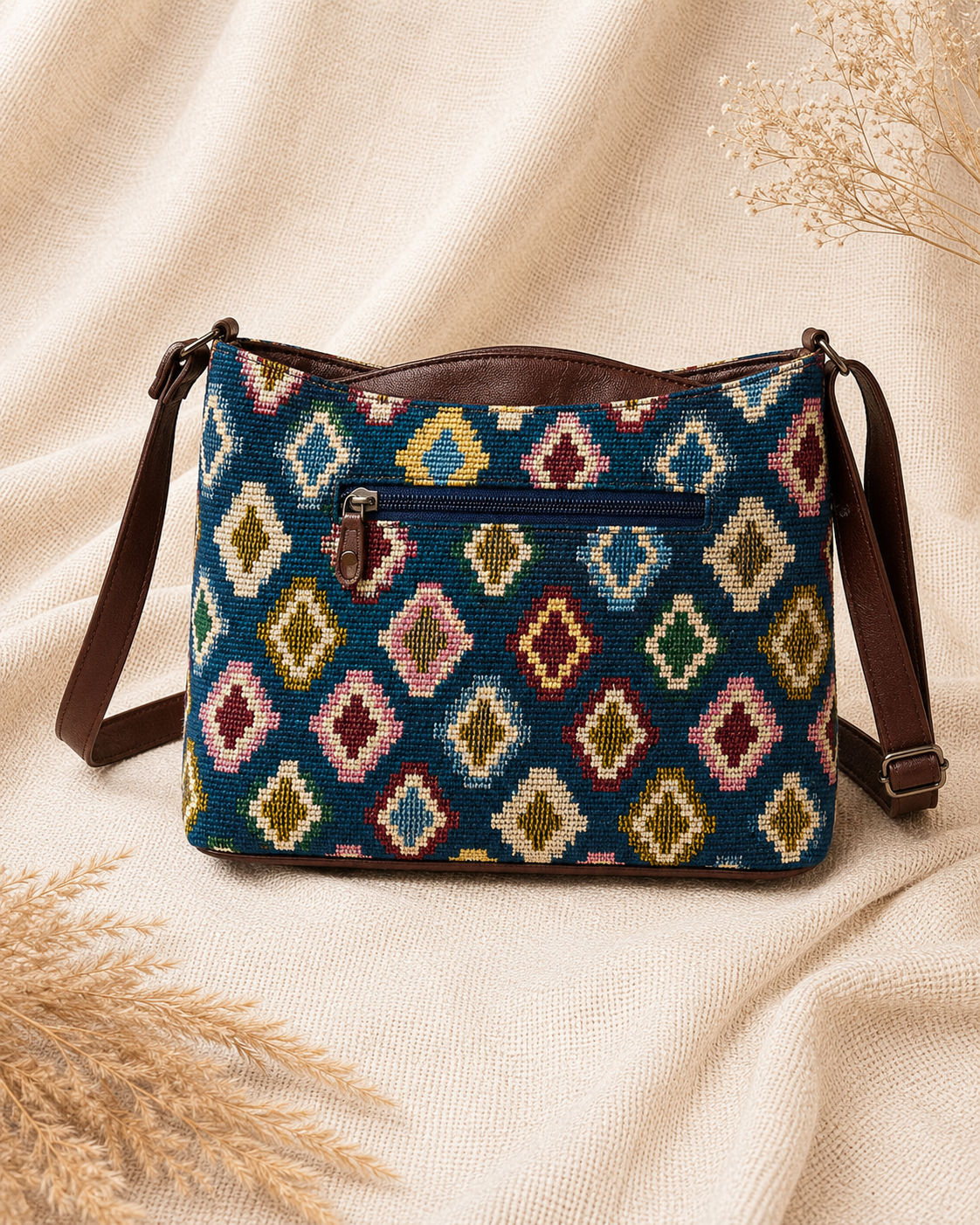 Boho Blue Jacquard Self Woven Sling Bag