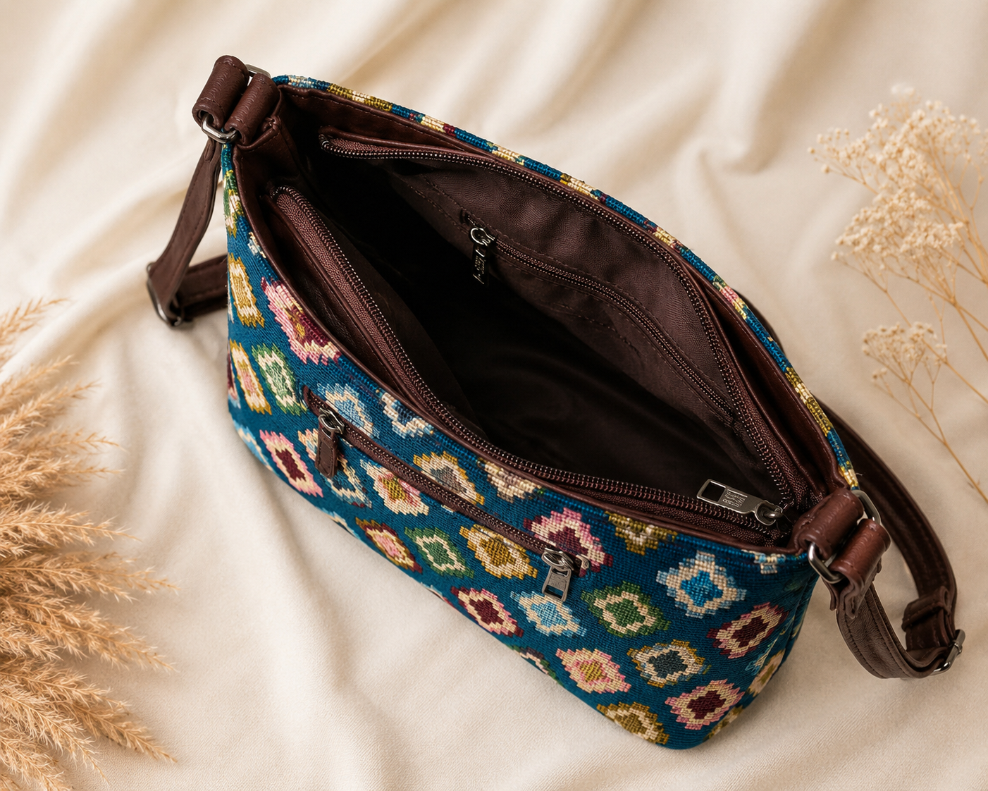 Boho Blue Jacquard Self Woven Sling Bag
