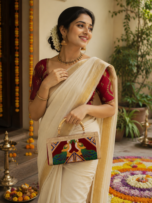 Red Duet Peacock Embroidered Festive Handheld Purse