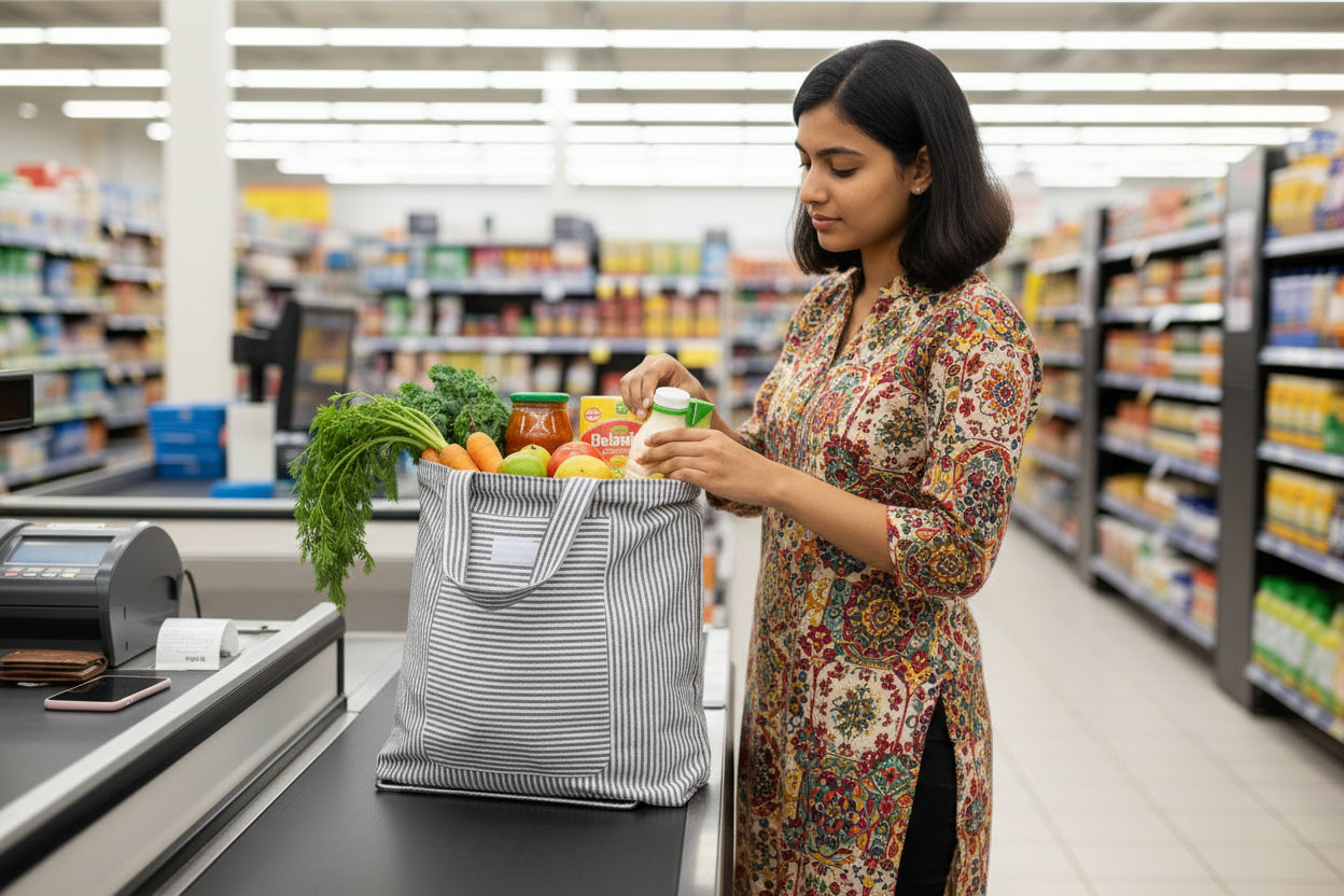 USE Foldable Shopping Bag – Compact Carry Pouch (Stripes)