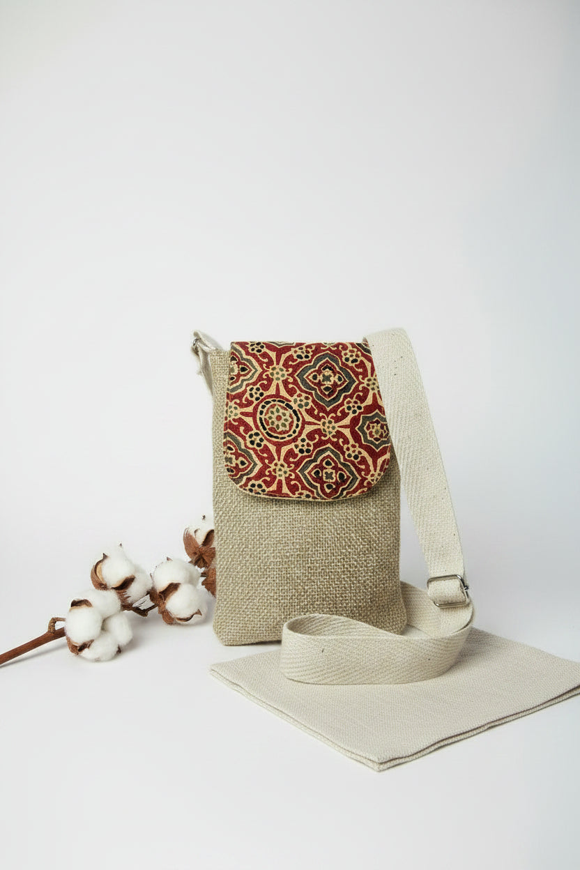 Beige n Red Ajrak Flap Mobile Sling bag