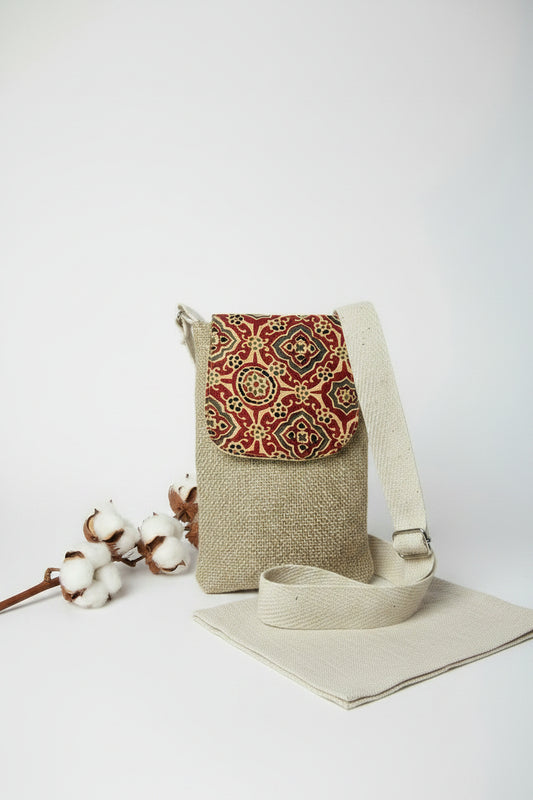Beige n Red Ajrak Flap Mobile Sling bag