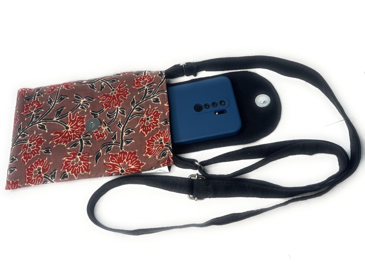 Red Embroidered Phone Bag in black Floral Print