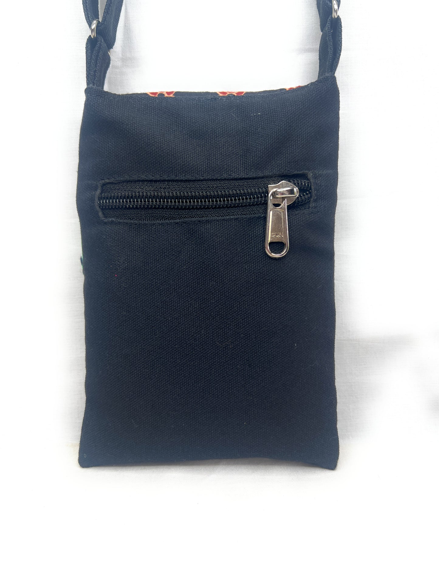 Red Embroidered Phone Bag in black Floral Print