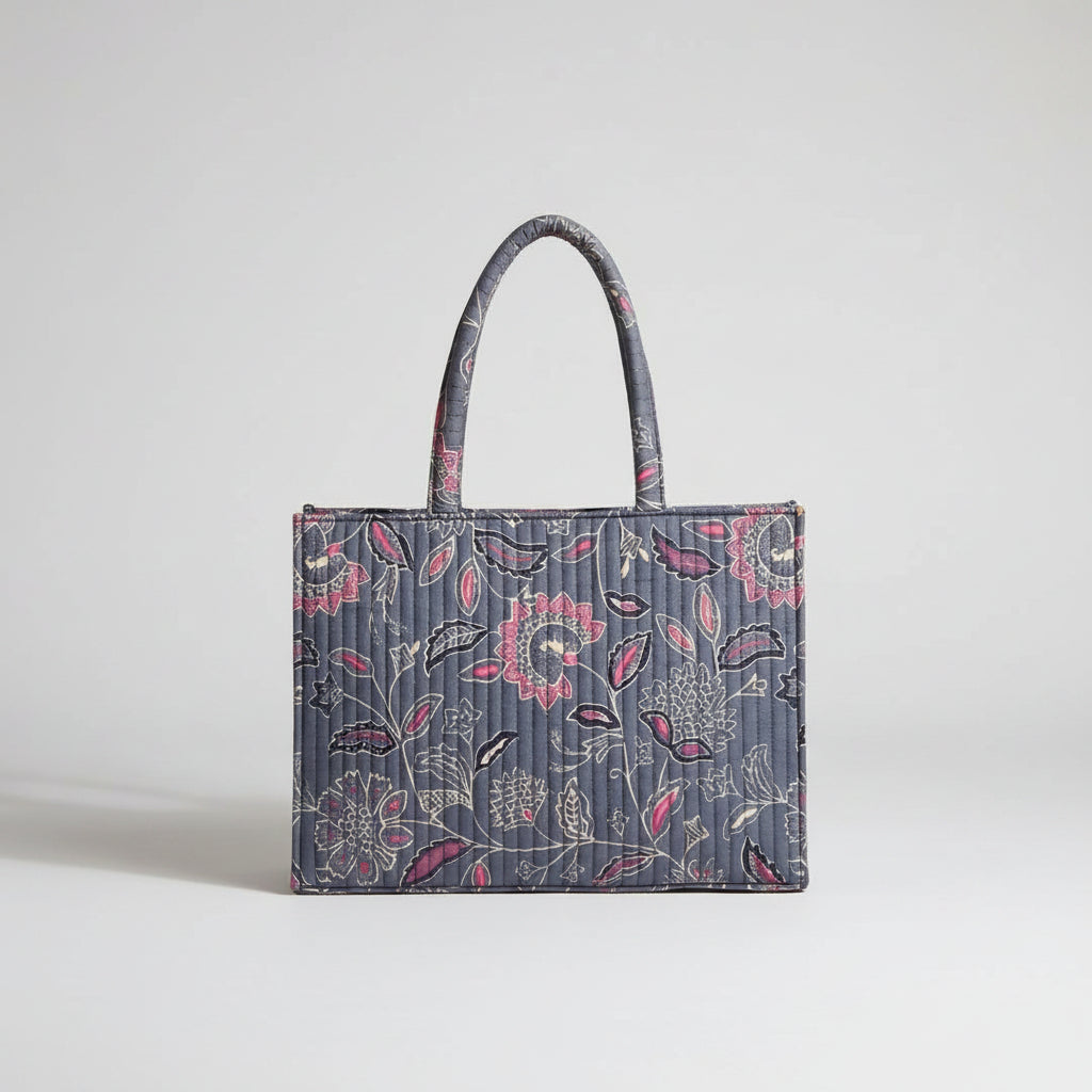 Grey Floral Quilted Laptop Tote Bag