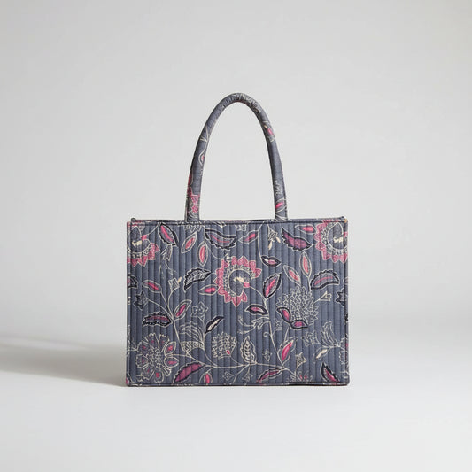 Grey Floral Quilted Laptop Tote Bag