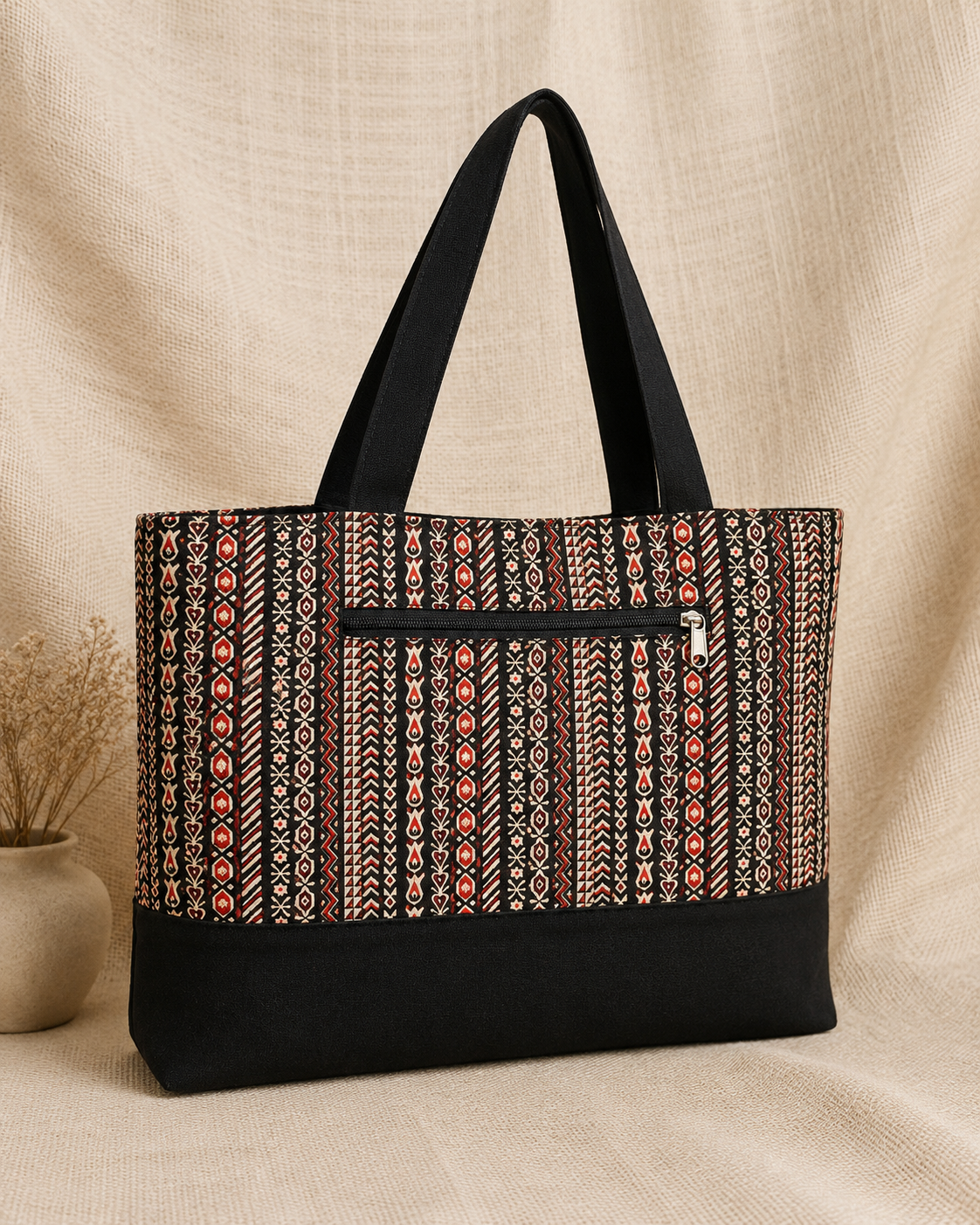 Black Canvas Office Tote Bag with Double Zip Compartments | Large Waterproof Cotton Work & Travel Bag