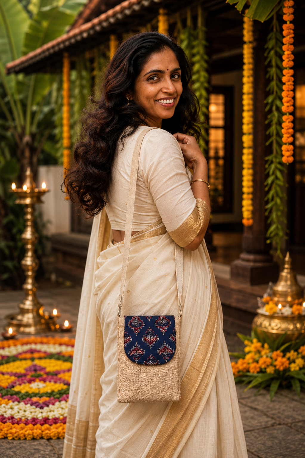 Beige n Blue Ajrak Flap Mobile Sling bag